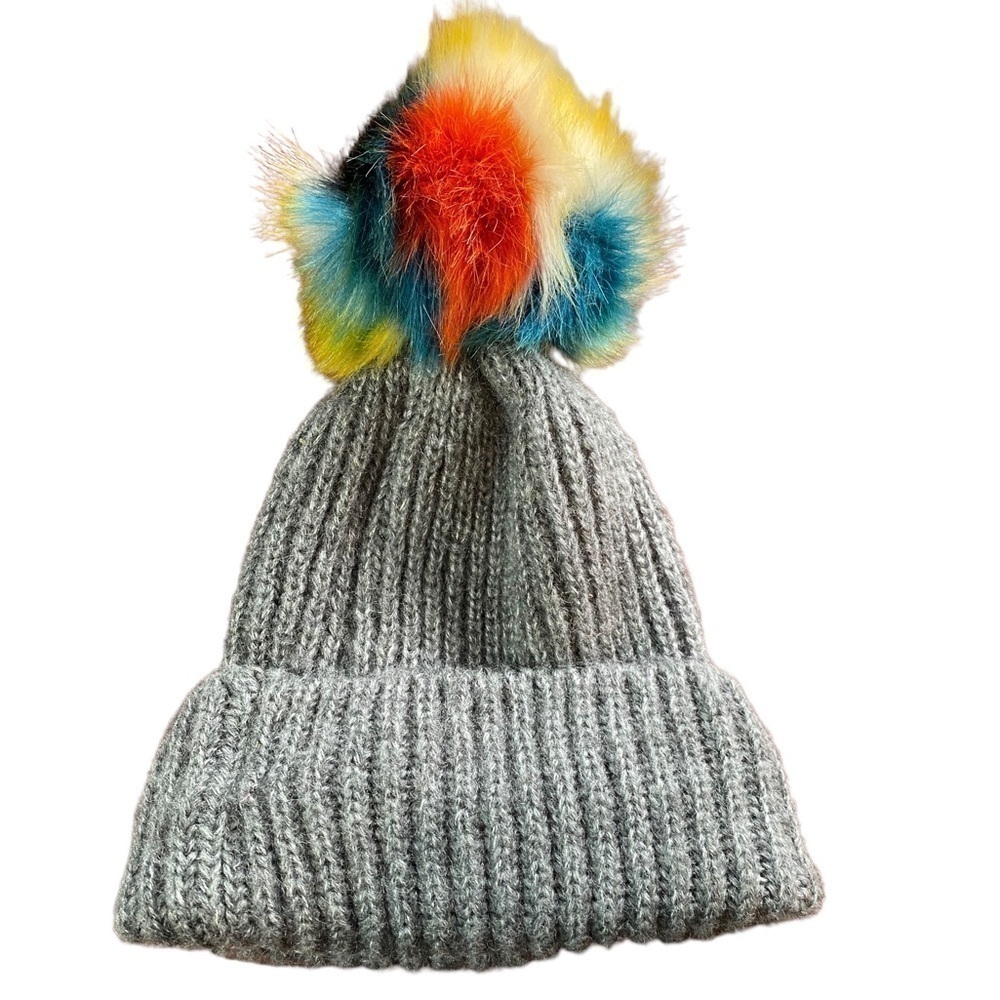 Zara Gray Knit Winter Hat with Rainbow Pom O/S